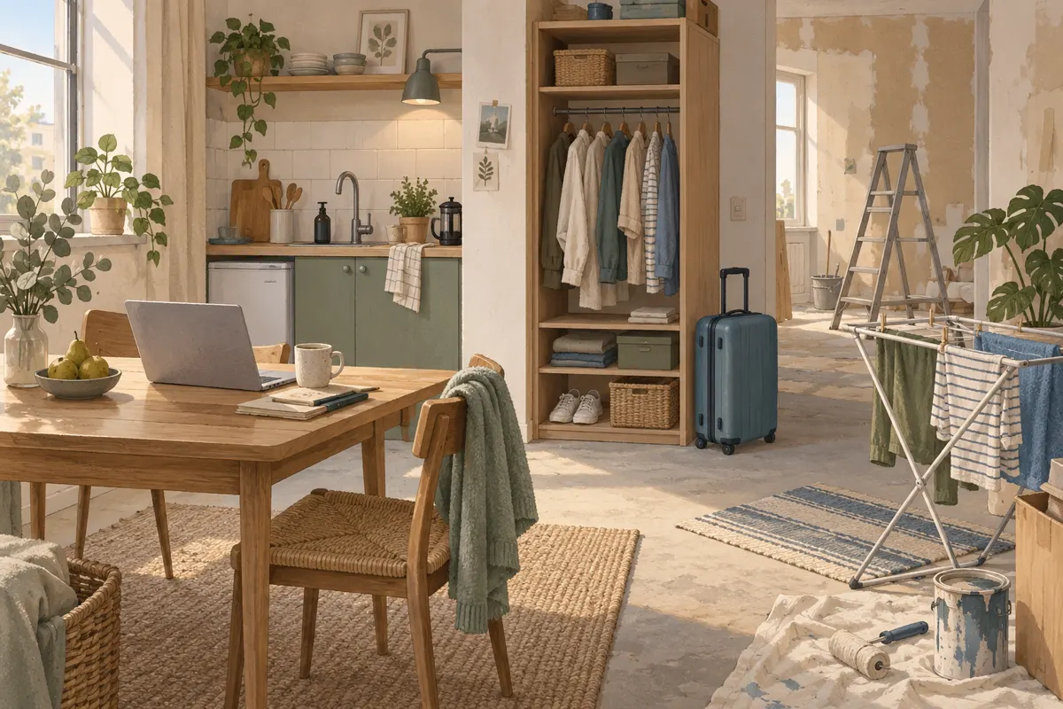 Ilustracja apartamentu z kuchnią, miejscem do pracy, szafą i suszarką na pranie.